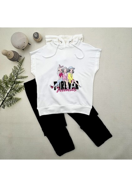 3-4-5 Yaş Forever Cici Kızlar Baskılı Kapşonlu 2li Kız Çocuk Takımı Siyah