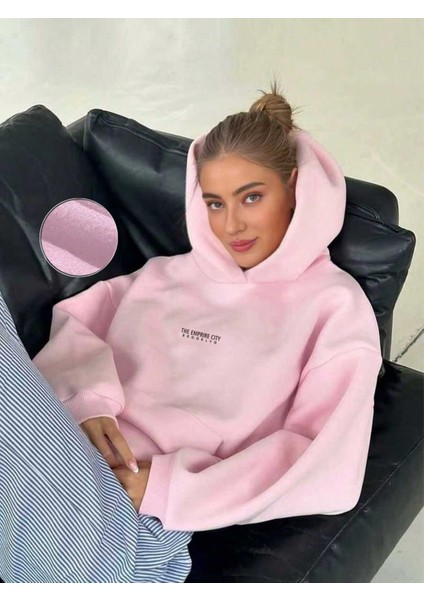 Kadın Baskılı Sweatshırt Kapüşonlu Oversize 3 Iplik Pamuklu