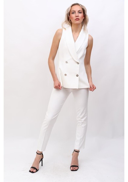 Abiye Yelek & Boru Paça Pantolon Takım-Beyaz
