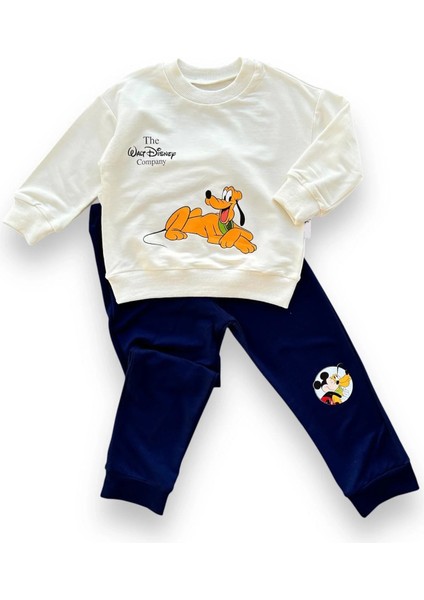 6-9-12-18 Ay Köpek Baskılı Pamuk Penye Kumaş Erkek Bebek Takımı Lacivert