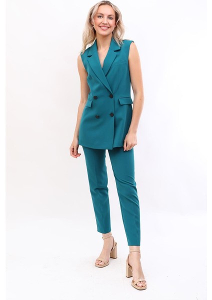 Blazer Yelek & Boru Paça Pantolon-Petrol