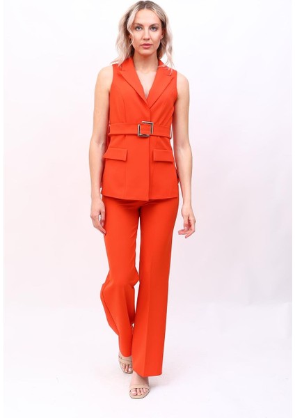 Kemerli Klasik Yelek & Bol Paça Pantolon Takım-Turuncu