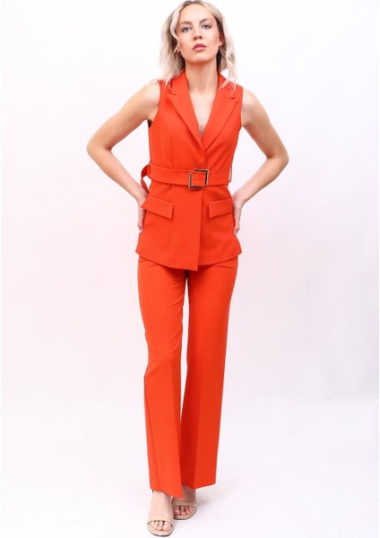 Kemerli Klasik Yelek & Bol Paça Pantolon Takım-Turuncu modelleri