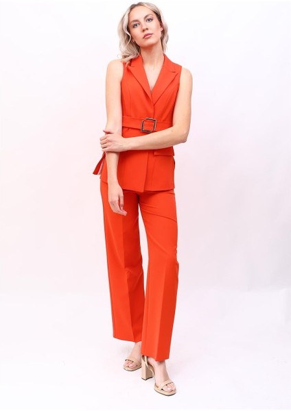 Kemerli Klasik Yelek & Bol Paça Pantolon Takım-Turuncu fırsatları