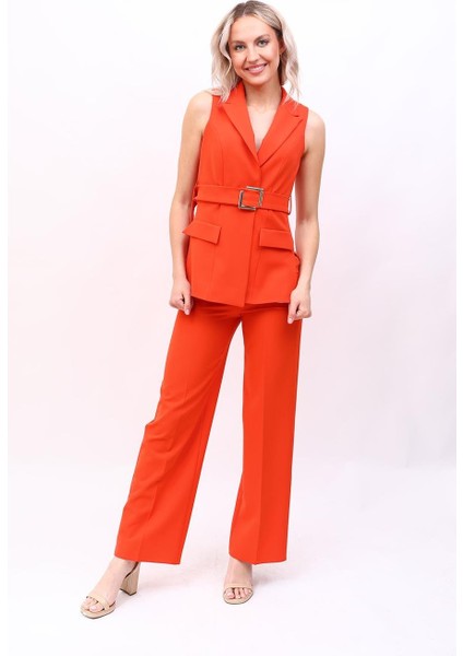 Kemerli Klasik Yelek & Bol Paça Pantolon Takım-Turuncu indirimleri