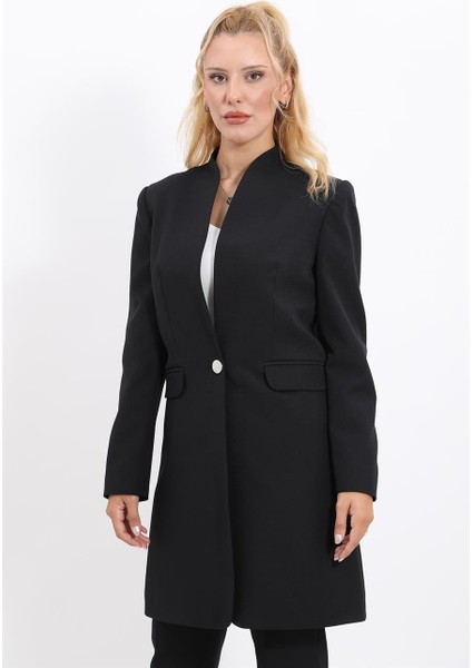 Kendinden Dik Yakalı Tek Düğmeli Uzun Ceket-Siyah indirimleri
