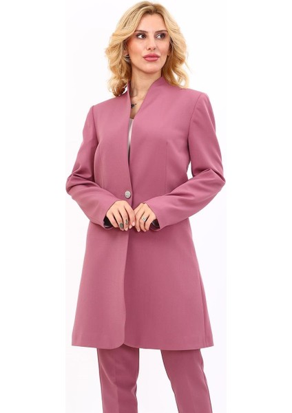 Kendinden Dik Yakalı Tek Düğmeli Uzun Ceket-Rose