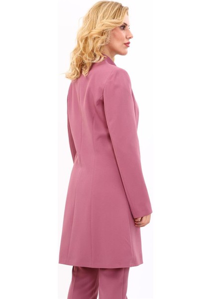 Kendinden Dik Yakalı Tek Düğmeli Uzun Ceket-Rose modelleri