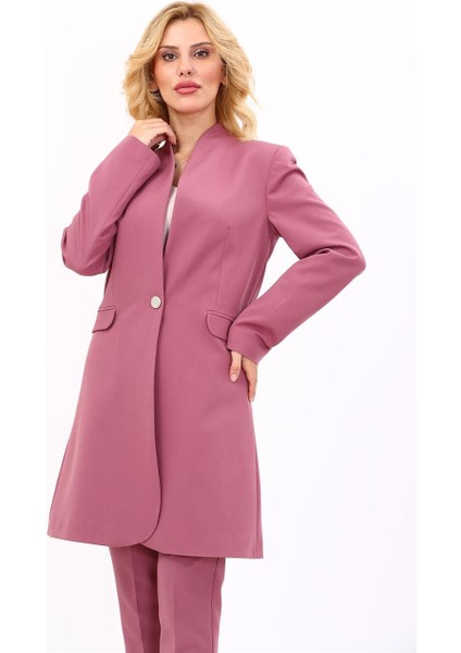 Kendinden Dik Yakalı Tek Düğmeli Uzun Ceket-Rose indirimleri