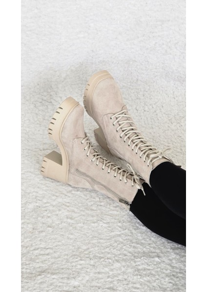 Melinta Kalın Topuklu Bağcıklı Kadın Bej Süet Bot