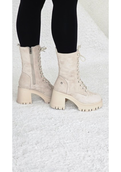 Melinta Kalın Topuklu Bağcıklı Kadın Bej Süet Bot modelleri