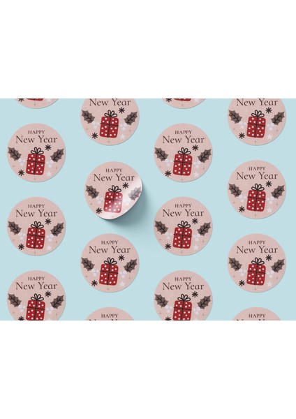 Yılbaşı Happy New Year Yazılı Sticker Seti, Yeni Yıl Hediye ve Paketleme Etiketi, 108 Adet, 33X33 mm modelleri