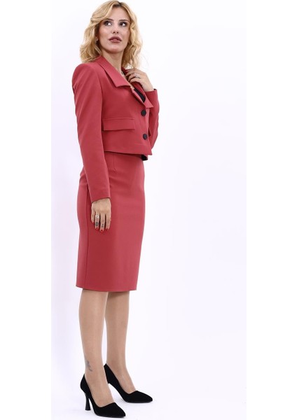 Gömlek Yaka Kısa Ceket & Düz Dar Etek-Kiremit modelleri