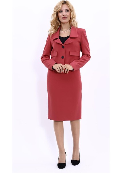 Gömlek Yaka Kısa Ceket & Düz Dar Etek-Kiremit indirimleri