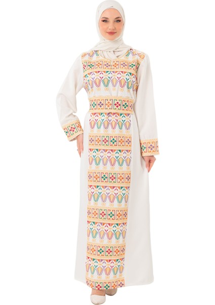 Kadın Elbise – Canlı Renklerle İşlemeli Beyaz Filistin Nakışlı Kadın Elbise