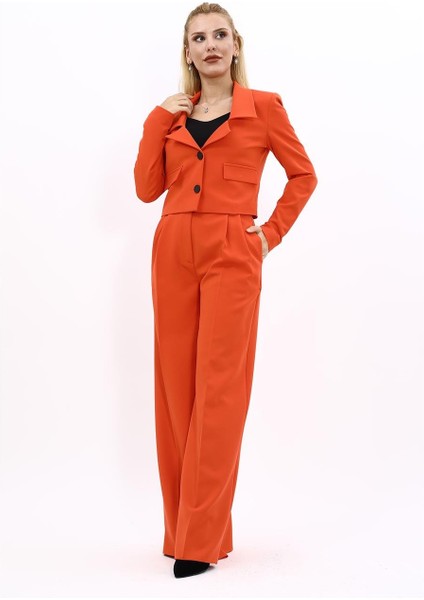 Gömlek Yaka Kısa Ceket & Korsaj Kemer Yüksek Bel Palazzo Pantolon-Turuncu