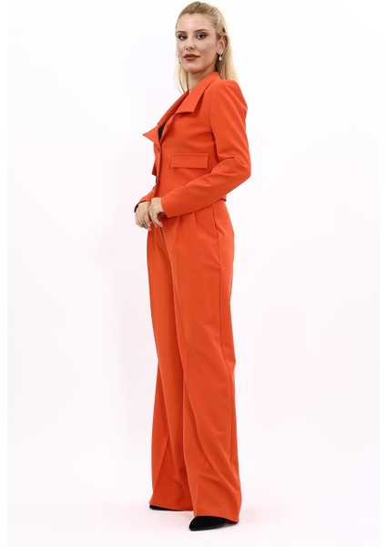 Gömlek Yaka Kısa Ceket & Korsaj Kemer Yüksek Bel Palazzo Pantolon-Turuncu fiyatları