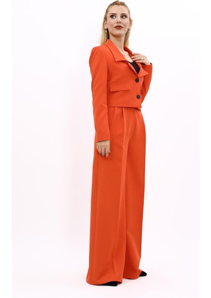 Gömlek Yaka Kısa Ceket & Korsaj Kemer Yüksek Bel Palazzo Pantolon-Turuncu modelleri