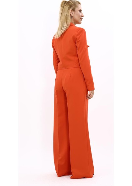 Gömlek Yaka Kısa Ceket & Korsaj Kemer Yüksek Bel Palazzo Pantolon-Turuncu fırsatları