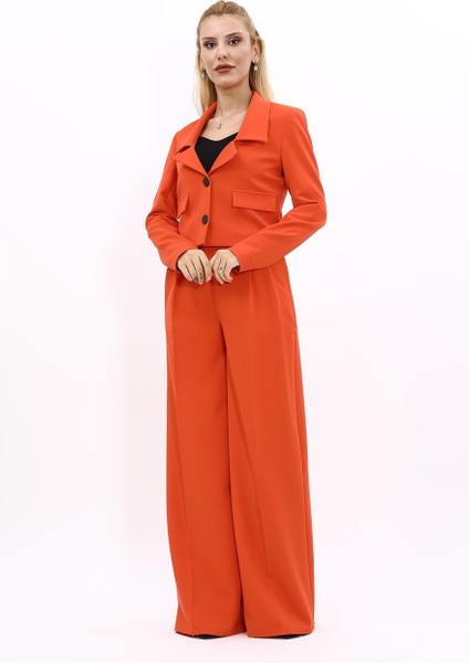 Gömlek Yaka Kısa Ceket & Korsaj Kemer Yüksek Bel Palazzo Pantolon-Turuncu indirimleri