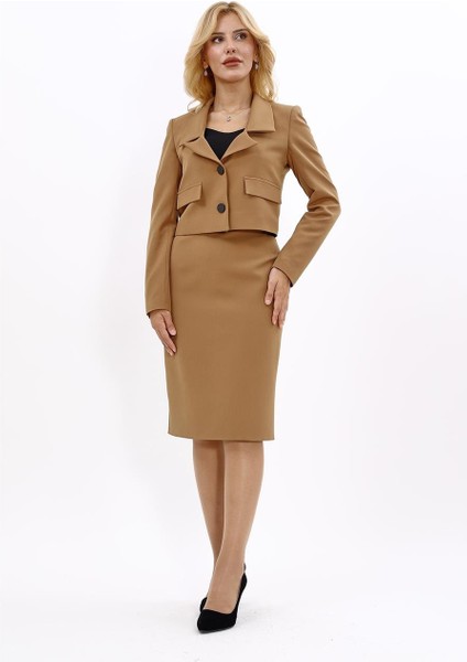 Gömlek Yaka Kısa Ceket & Düz Dar Etek-Camel