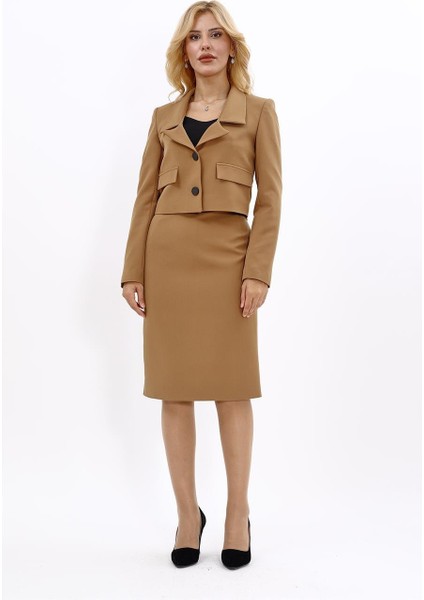 Gömlek Yaka Kısa Ceket & Düz Dar Etek-Camel indirimleri