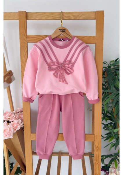 Taşlı Fiyonk Detaylı Kız Çocuk 2’li Takım - Mürdüm