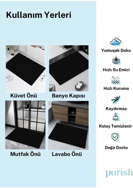 Yumuşak Su Emici Banyo Paspası, Kaymaz Taban, Siyah Renk