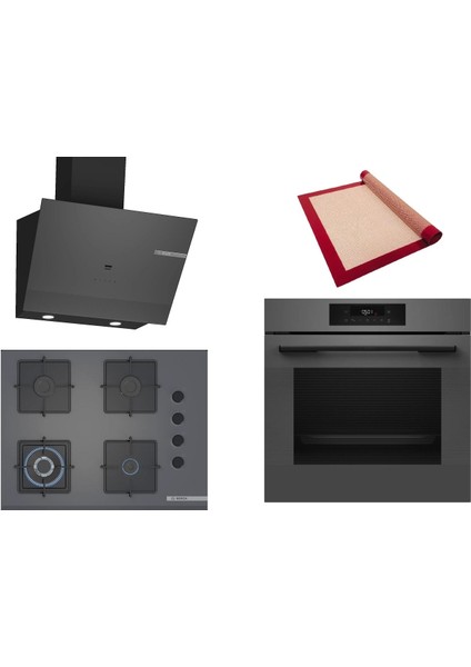 Gri 3 Lü Ankastre Set 465 ( HJG852YN0T - POH7C9P30O - DWK67PJ70T ) 67CM Wok Bek Ocak - 3D Fry Hava ile Kızartma - Pişirme Matı ile