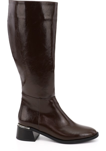 Kadın Kahverengi Fermuarlı Kalın Topuklu Çizme