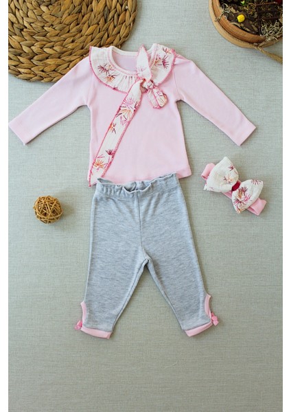 3-6 6-9 9-12 Ay Matmazel Yaka Fırfır Detaylı Bandanalı Uzun Kollu Sweat 3lü Kız Bebek Takımı