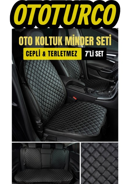 Ergonomik,ortopedik,suni Deri Kapitoneli Lüks Ototurco Oto Koltuk Kılıfı-Minderi (7li Tam Set)Siyah