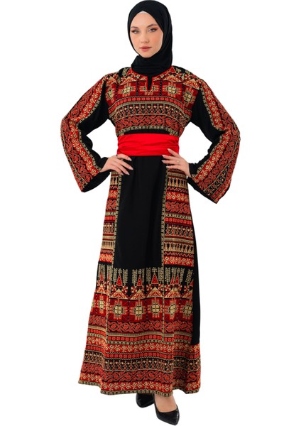 Siyah Rengi Kırmızı ve Gold Filistin Nakışlı Kırmızı Kemerli Elbise C100054