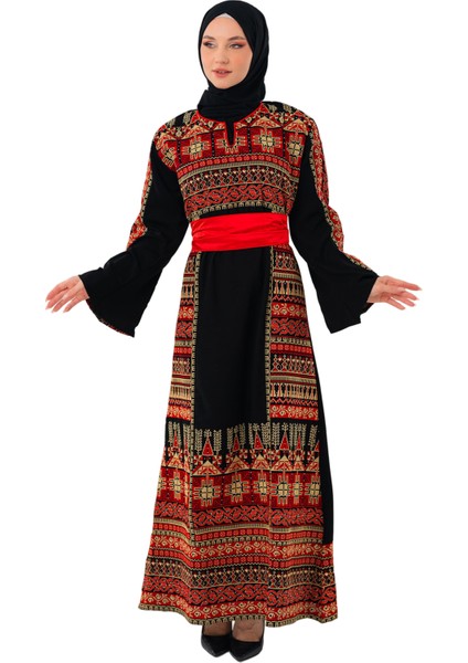 Siyah Rengi Kırmızı ve Gold Filistin Nakışlı Kırmızı Kemerli Elbise C100054 fiyatları