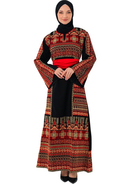 Siyah Rengi Kırmızı ve Gold Filistin Nakışlı Kırmızı Kemerli Elbise C100054 modelleri