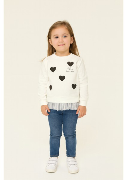 Kız Çocuk 2 Iplik Kalpli Tüllü Trend Sweatshirt - 525035