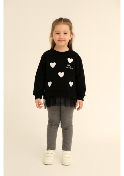 Kız Çocuk 2 Iplik Kalpli Tüllü Trend Sweatshirt - 525035