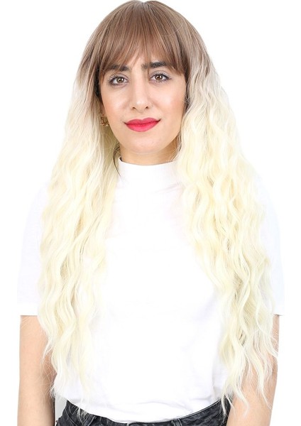 Perçemli Uzun Su Dalgası Fiber Sentetik Peruk / Kumral / Platin Ombreli