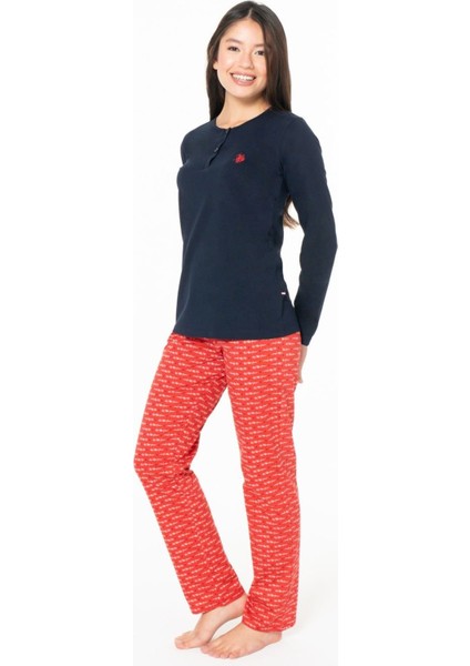 20146B Kadın Lacıvert Yuvarlak Yaka Uzun Kollu Pijama Takımı