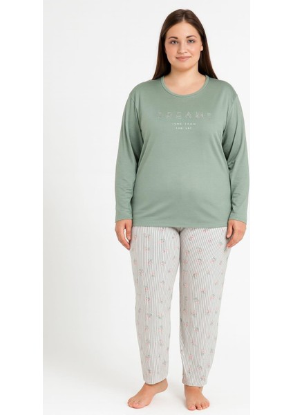 Kadın 08047 Büyük Beden Uzun Kol Pijama Takımı Yeşil