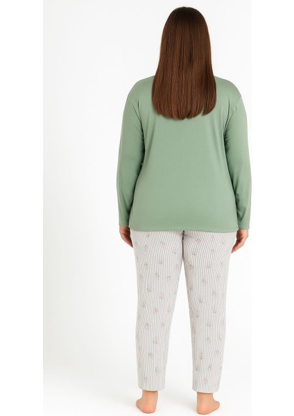 Kadın 08047 Büyük Beden Uzun Kol Pijama Takımı Yeşil fiyatları