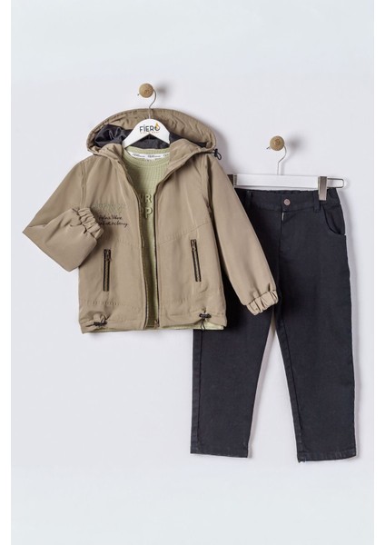 Fermuarlı Kapüşonlu Erkek Çocuk Kışlık 3’lü kombin - Yeşil modelleri