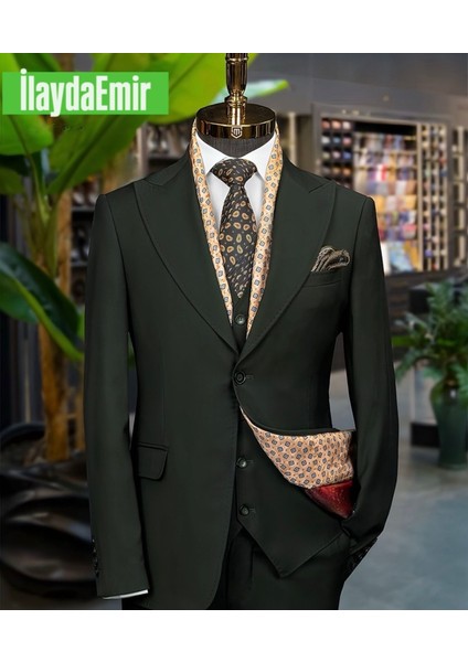 Özel Tasarım Italyan Kesim Blazer Erkek Takım Elbise Koyu Haki Yeşil