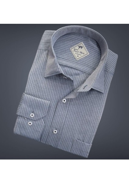 Erkek Klasik Geniş Rahat Kesim Cepli Çizgili Uzun Kollu Pamuk Gömlek