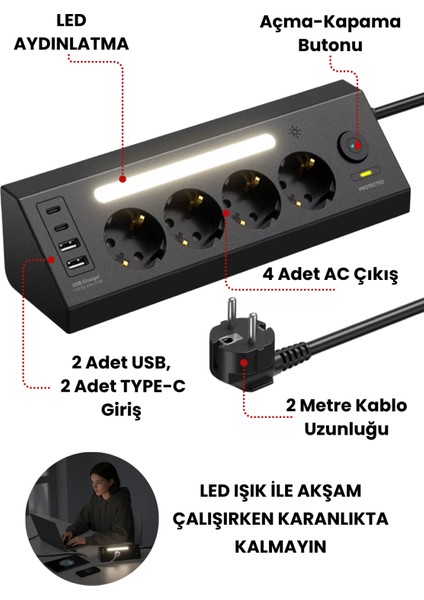 Akım Korumalı Priz 4'lü Priz 2x-Usb 2x,-Ype-C Çıkışlı Grup Priz Çoğaltıcı PRO-LP764 fiyatları