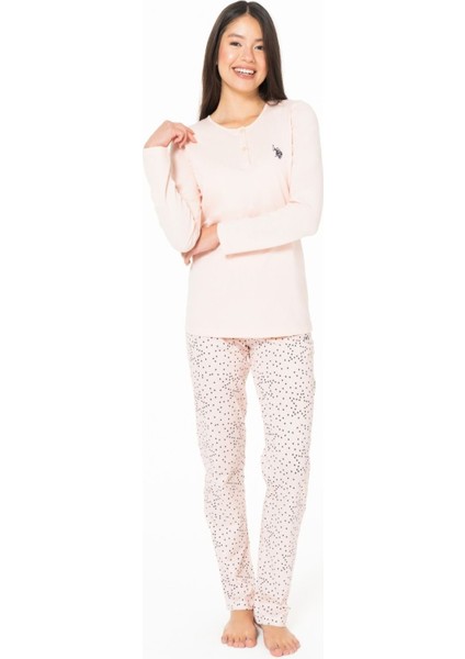 20161 Kadın Somon Yuvarlak Yaka Uzun Kollu Pijama Takımı