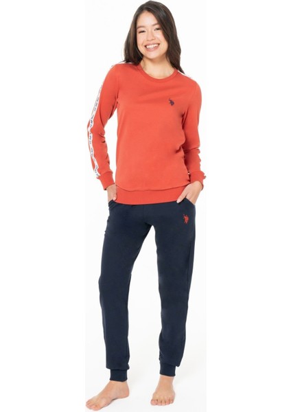 20120 Kadın Kıremıt Yuvarlak Yaka Uzun Kollu Pijama Takımı