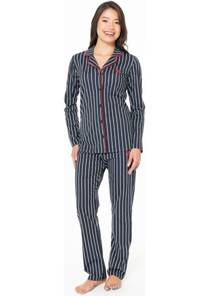 20138 Kadın Lacıvert V Yaka Uzun Kollu Çizgili Pijama Takımı