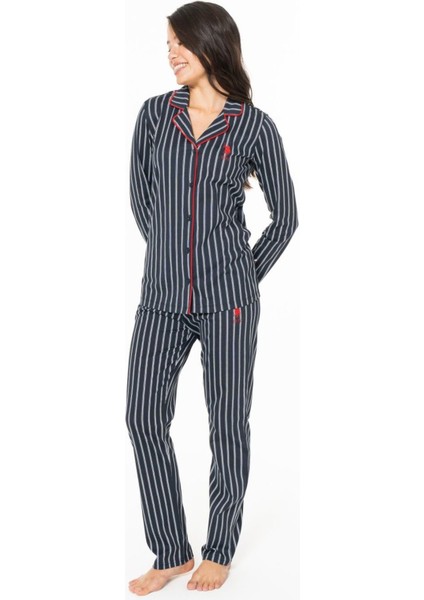 20138 Kadın Lacıvert V Yaka Uzun Kollu Çizgili Pijama Takımı fiyatları