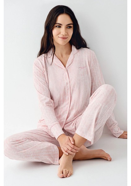 9087 Kadın Krem Uzun Kollu Önden Düğmeli Gömlek Pijama Takımı